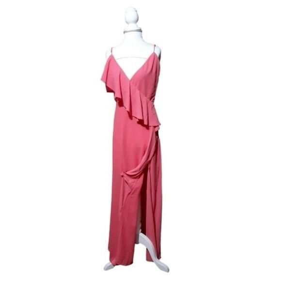 Lovers + Friends Salmon Pink Cocktail Bridesmaid Sleeveless Ruffle Leg Split M - Picture 7 of 9